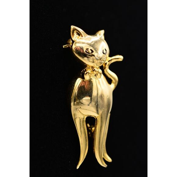 Vintage Cat Pin Brooch Pretty Gold Tone Shiny Metallic 1980s BinAJ - Picture 2 of 12